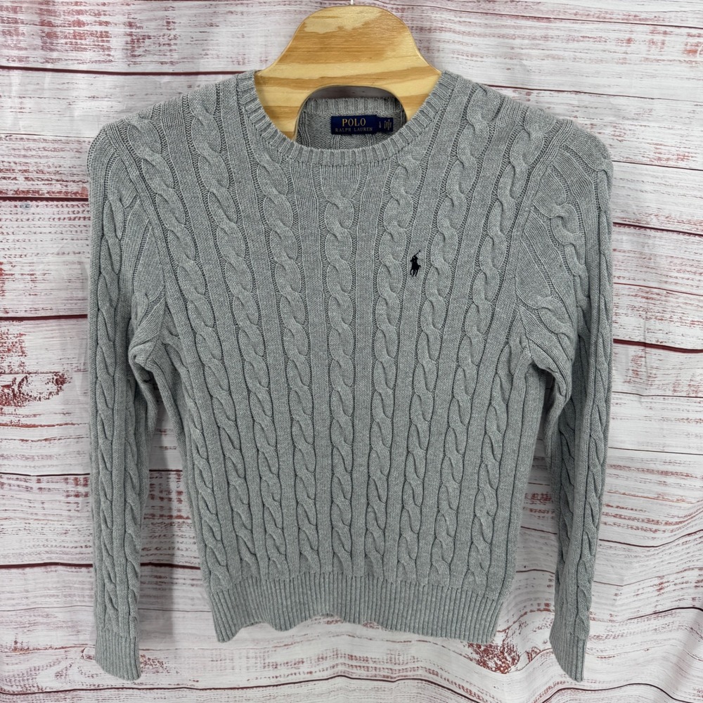 Polo Ralph Lauren Sweater Mens Large Gray Cable Knit Cotton Crew Neck Pony